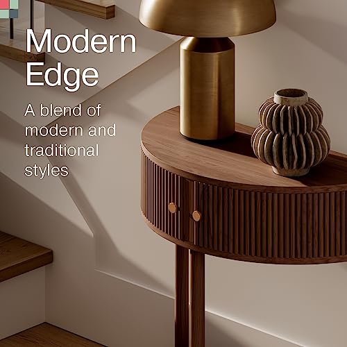Stead Fluted Half Moon Shaped Console Table - Small Entry Desk - Living Room Furniture - Modern Home Decor - Solid Wood Entryway Table with Two Doors and Brass Knobs (Walnut) Stead