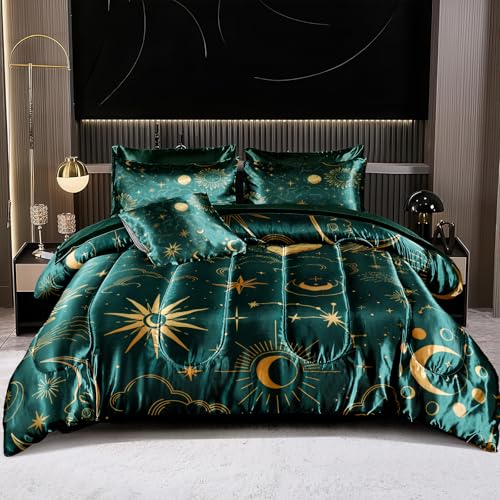 Sun and Moon Comforter Set Blue Green Satin Bedding King Stars Cloud Galaxy Comforter Mysterious Celestial Theme Silk Like Silky Bed in A Bag with Comforter and Sheets Bedorm