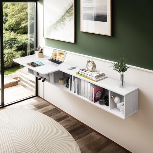 Pmnianhua 70'' Floating Desk with Storage Shelves,Wall Mounted Desk Laptop Computer Writing Study Table for Bedroom Small Space(White) Pmnianhua