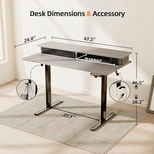 JOY worker Height Adjustable Electric Standing Desk with Storage Shelves, 48 Inch Table with Built-in Monitor Stand, Sit Stand Desk with 2 Hooks for Home Office, Grey Desktop & Black Frame JOY worker