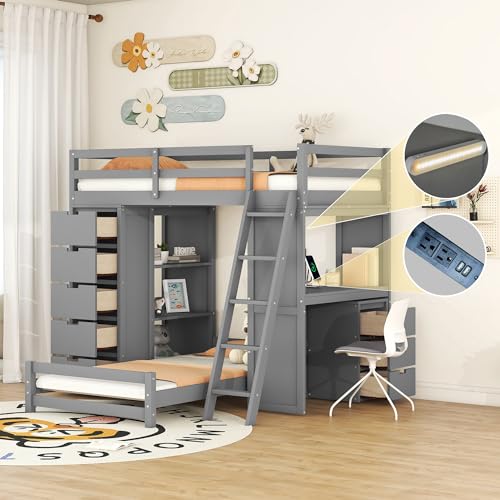 Merax Twin Multifunction Bunk Bed with Desk/Storage Drawers, Wood Bunk Bed with LED Light and USB Ports for Boys, Girls, No Box Spring Needed Gray Merax