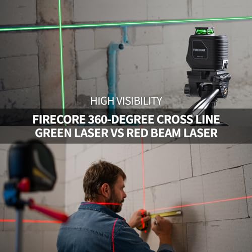 Firecore 360° Laser Level with Tripod, 100Ft Self Leveling Laser Level Green Cross Line Laser Leveler Tool for Picture Hanging Wall Tile Floor Construction, 60" Compact Tripod & Carry Pouch Included Firecore