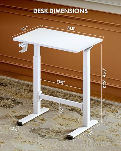FLEXISPOT H7 Plus Gas Spring Adjustable Standing Desk, Mobile Rolling Sit-Stand Table with Wheels, Cordless Stand Up Desk for Small Spaces & Home Office, 32" One-Piece Desktop White,Height 27.6"–45" FLEXISPOT