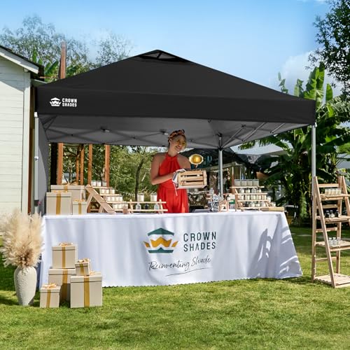 CROWN SHADES 10x10 Pop Up Canopy with 1 Side Wall - Beach Tent with One Push Setup - Outdoor Sun Shade for Events, Parties, Camping - Gazebo with STO-N-Go Cover Bag (Black) CROWN SHADES