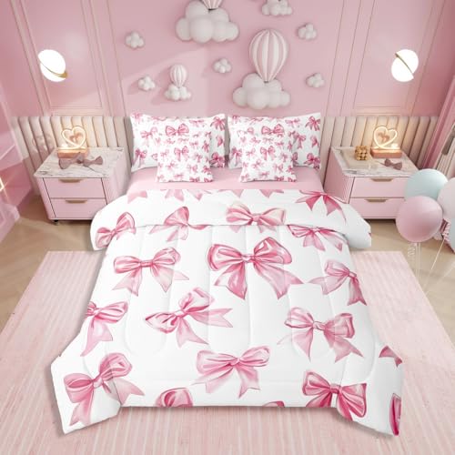 Erosebridal Kawaii Bowknot Girls Bed in A Bag with Sheets Dreamy Princess Style Queen Comforter Set 7 Piece for Kids Teen Women,Girly Cute Bow Bedding Set Pink Bow Tie Bed Set Bedroom Decor Erosebridal