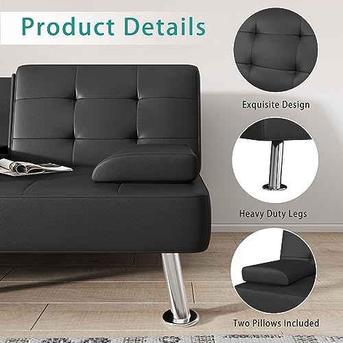 Flamaker Futon Sofa Bed Modern Folding Futon Set Convertible Recliner Lounge for Living Room with 2 Cup Holders, Removable Armrests (PU Leather, Black) Flamaker