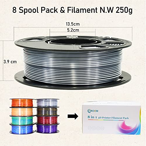 8 Spools Dual Color Silk PLA 3D Printer Filament Bundle, Silk White/Black, Red/Black, Gold/Black, Purple/Black, Purple/Blue, Red/Gold, Green/Blue, Yellow/Pink, 1.75mm Bicolor Silk PLA 250gX8 MKOEM