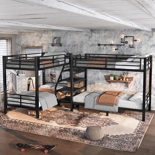 Bellemave Metal Quad Bunk Bed with Stairs for 4, L-Shaped Twin Size Quad Bunk Bed Frame,Heavy Duty Bunk Beds for Kids Teens Adults,Black Bellemave