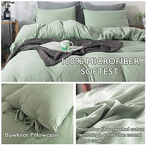 annadaif Sage Green Duvet Cover King Size, 3 Pieces Soft Washed Microfiber Duvet Cover Set, Comforter Cover with Bowknot Bow Tie (1 Duvet Cover 104x90 Inch, 2 Pillowcases) Easy Care Bedding Set annadaif