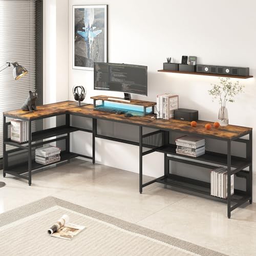 Saranya 18 Shop New Modern Brown U Shaped Gaming Desk Computer 3 Spacious Desktop 4 Storage Racks Shelf Cabinet Shelves LED Lights Reversible Home Office 81.9”L x 42.5”W x 30.5”H of Set, 366302510310 WoodArtSupply
