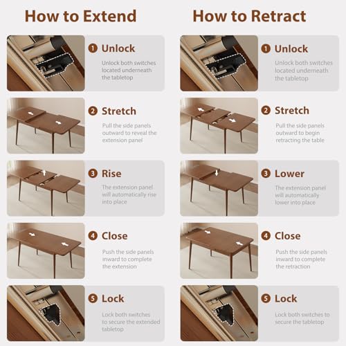 Muwuele Solid Wood Extendable Dining Table for 4-8 People with Seamless Extension from 47.2 to 63 Inches, Easy Assembly, Expandable Tables for Small Spaces, Dining Room, Kitchen, Living Room, Walnut Muwuele