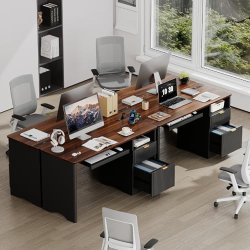 Bestier Computer Desk with Keyboard Tray, 55 inch Office Desk with Power Outlet, Modern Home Office Desk with File Drawer (Walnut with Black, 55" W with Single-Sided Drawers) Bestier