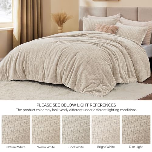 ChiXpace Flannel Fleece Full Comforter Set - Furry Linen Leaves Pattern Faux Fur Bed Set, Winter Ultra Soft Fuzzy Comfort Set, Velvet Bedding Set for Bed with 2 Pillow Cases ChiXpace