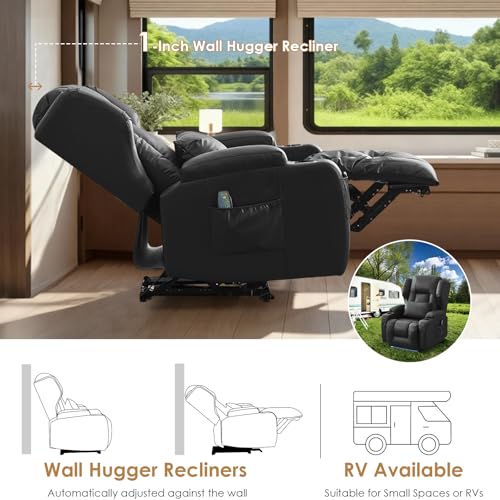 SAMERY Power Recliner Chair with Massage and Heat, Zero Wall Hugger Recliners Sofa Chair for Small Spaces, Theater Seating RV Sofa with LED Surround Lighting/USB/Cup Holders, Faux Leather, Black