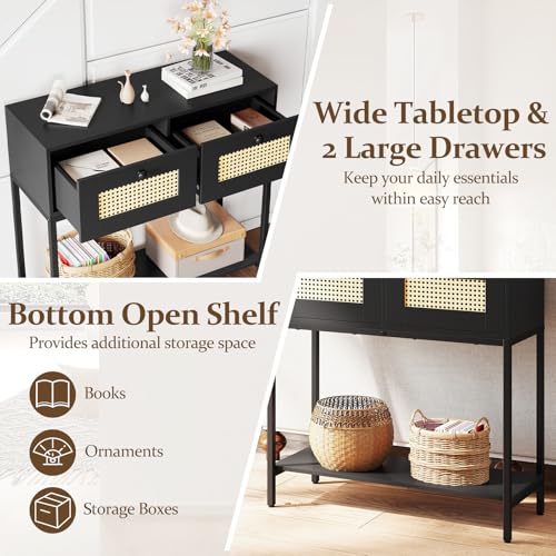 Giantex Rattan Console Table, 32" Boho Entryway Table with 2 Drawers, Metal Frame, Narrow Long Sofa Tables with Open Storage Shelf for Living Room, Hallway, Foyer, Entrance (Black) Giantex