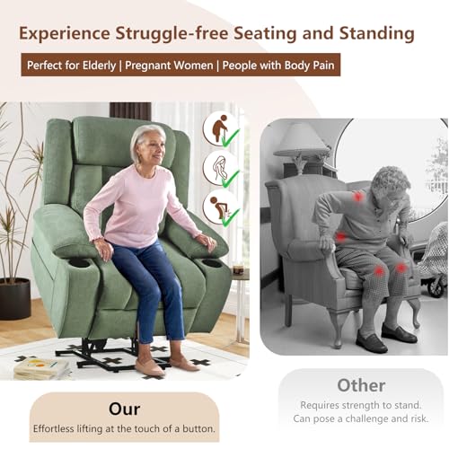 cinkehome Large Power Lift Recliner Chair for Elderly with Extended Footrest, Deep Seat Electric Lift Chairs, Easy Remote, Cup Holders, Side Pocket, Soft Snowflake Fleece, Green
