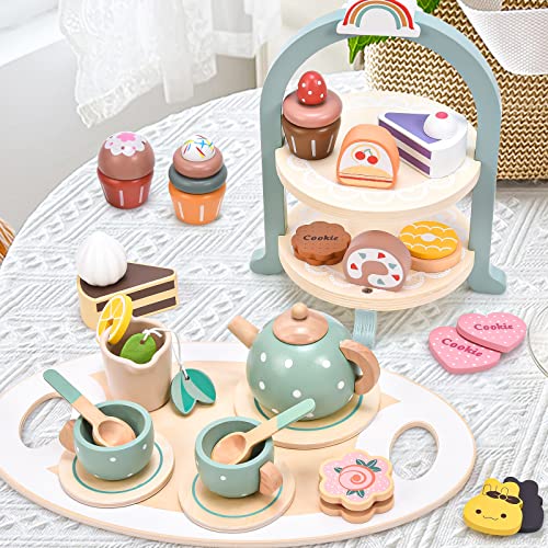 Atoylink Wooden Tea Party Set for Little Girls 28 Pcs Toddler Tea Set with Cupcake Stand & Food Pretend Play Accessories Kids Kitchen Playset Wooden Toys for 2 3 4 5 6 Year Old Girl Birthday Gift Atoylink