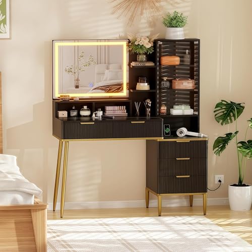 GlowSol Fluted Vanity Desk with Mirror and Lights, Makeup Vanity Desk with HD Mirror, 3 Color Adjustable Lighting, Power Outlet, 5 Drawers & Multi Shelves, Black Dressing Table for Bedroom GlowSol