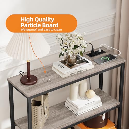 Snughome Console Table with Power Outlets, Entryway Table with Storage, Narrow Sofa Table with 3 Tier Shelves, 2 USB Ports, 2 Power Outlets, Hallway Table for Couch, Living Room, Entrance, Grey Snughome