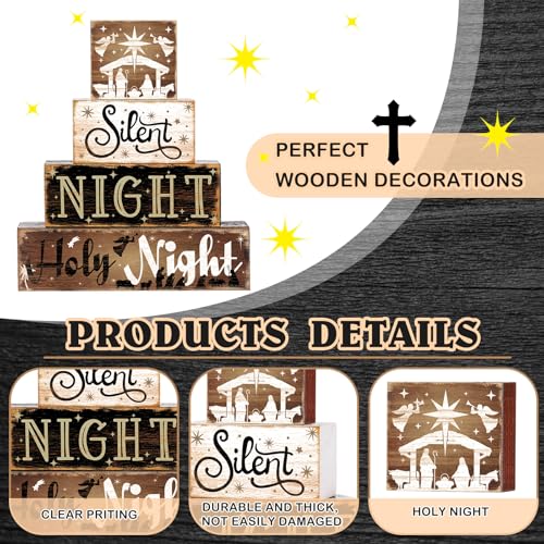 Moucuny 4 Pcs Christmas Nativity Tabletop Decor Nativity Scene Wooden Block Silent Holy Night Sign Christmas Tiered Tray Decor Centerpieces Farmhouse Table Decor for Home Mantle Table Moucuny