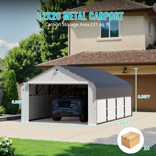Metal Carport,Carport Canopy 12x20 Heavy Duty All Weather,Enclosed Car Tent Garage with Removable Sidewalls & Doors,Metal Car Port for Snow Sannwsg