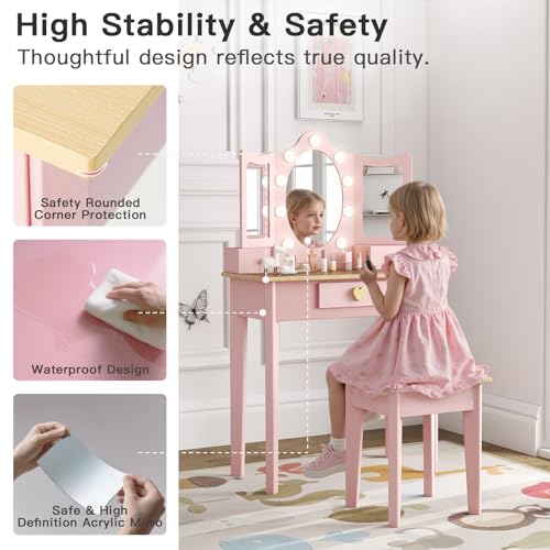 labebe Kids Vanity, Girls Vanity Desk with LED Changing Lights, Pretend Play Princess Vanity Set, Wooden Toddler Makeup Desk Dressing Table with Drawer and Chair (Pink) labebe