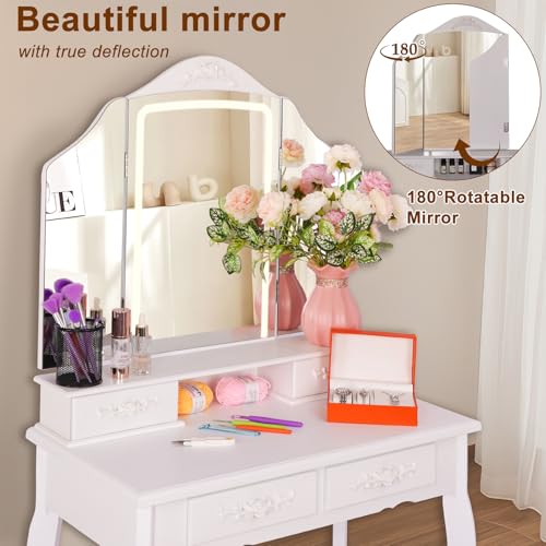 HVCBOSS 3-in-1 Makeup Vanity Desk with Tri-Fold LED Mirror, Charging Station (2 AC + 2 USB), 4 Drawers + Open Shelf, Small Vanity Table with Stool for Bedroom/Dorm HVCBOSS
