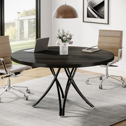 Tribesigns 47" Round Conference Table for 4-6, Modern Office Meeting Table with Metal Cross Legs for Office, Conference Room, Small Spaces (Black) Tribesigns