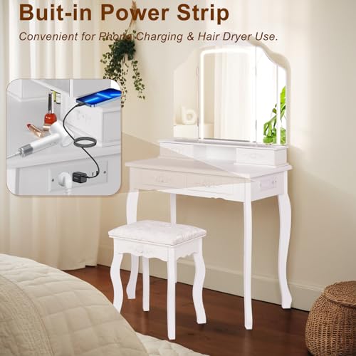 HVCBOSS 3-in-1 Makeup Vanity Desk with Tri-Fold LED Mirror, Charging Station (2 AC + 2 USB), 4 Drawers + Open Shelf, Small Vanity Table with Stool for Bedroom/Dorm HVCBOSS