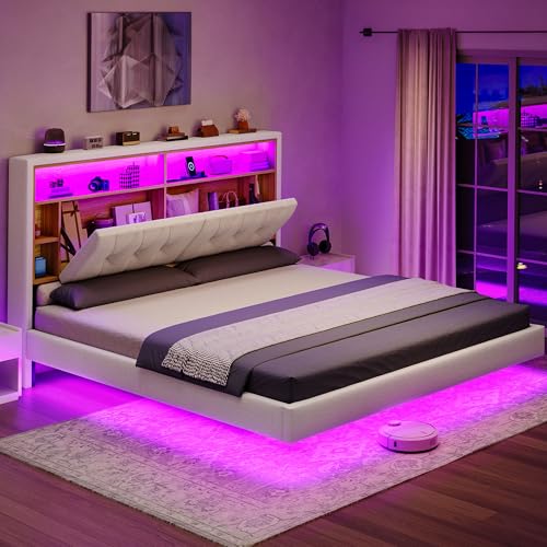 DWVO Queen Size Floating Bed Frame with Bookcase Storage Headboard, RGB LED Lights Beds with Charging Station, Upholstered Platform with Heavy Duty Wood Slat, No Box Spring Needed, Beige DWVO