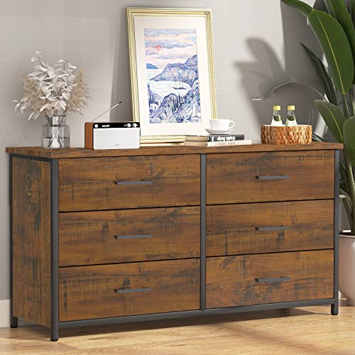 IKENO 6 Drawer Double Dresser, Industrial Wood Dresser for Bedroom, Storage Cabinet with Sturdy Steel Frame IKENO