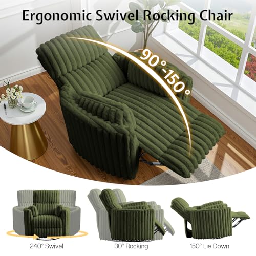 Jocisland Power Recliner Nursery Chair for Adults, Electric Swivel Rocking Glider with USB & Type-C, Soft Fabric Armchair with 2 Pillows, Cozy Reclining Sofa for Living Room, Bedroom, Green