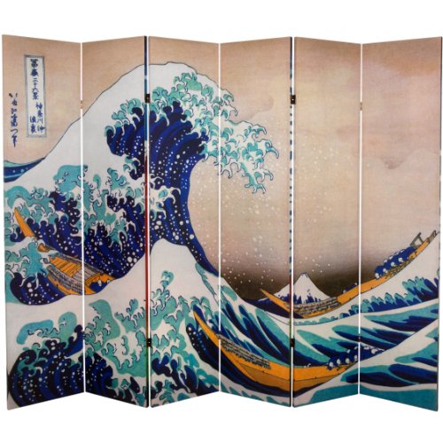 Red Lantern 6 ft. Tall Double Sided Hokusai Room Divider - Great Wave/Red Fuji 6 Panel Freestanding Folding Privacy Screen Partition and Separator for Modern and Contemporary Bedroom Home Office Dorm Red Lantern