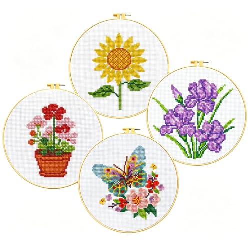 Zhenqing 4-Pack Floral Cross Stitch Kits – 11CT 20x20cm Aida Cloth with Iris, Sunflower & Butterfly Designs – Vibrant Home Decor Embroidery Set(68157)