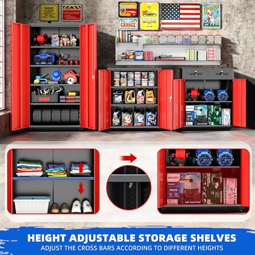 Pataku Metal Storage Cabinet, 72" Garage Cabinet with Doors and Shelves Lockable Steel Multifunctional Cabinet, Tool Cabinet for Garage, File Cabinet for Home, Office, Warehouse(Black Red) Pataku