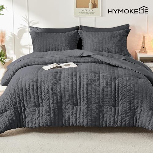 HYMOKEGE Queen Comforter Set Seersucker 7 Pieces, All Season Luxury Bed in a Bag for Bedroom, Bedding Set with Comforters, Sheets, Pillowcases & Shams, Dark Grey HYMOKEGE