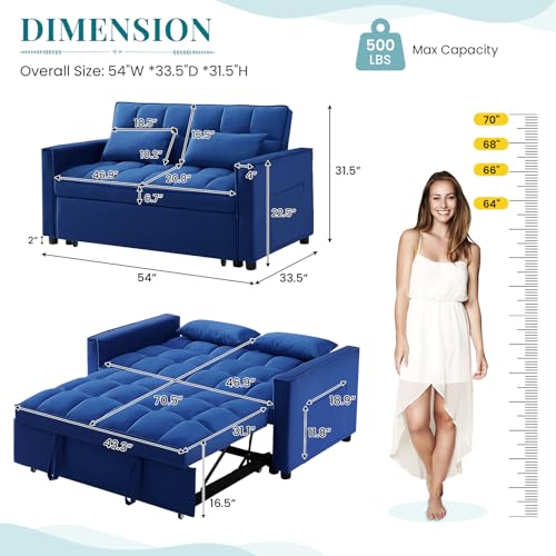 Antetek 3 in 1 Convertible Sleeper Sofa Bed, Modern Velvet Loveseat Futon Couch w/Pullout Bed, Small Love Seat Lounge Sofa w/Reclining Backrest, Toss Pillows, Pockets, Furniture for Living Room, Blue Antetek