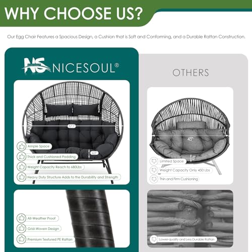 NICESOUL® Double Egg Chair Indoor Outdoor Stationary Oversized Thicken Padded Cushions,2 Person Egg Loveseat Chair,680 lbs Extra Large Lounge Chair for Patio Balcony Porch Backyard Gray NICESOUL