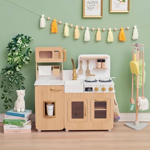 Teamson Kids Little Chef Cyprus Medium Wooden Play Kitchen with Interactive, Realistic Features, and 14 Kitchen Accessories for 3yrs and up, Light Oak/Faux White Marble/Gold Teamson Kids