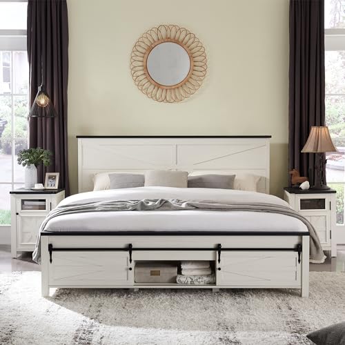 Farmhouse King Size Bed Frame with Sliding Barn Door Storage - JXQTLINGMU Antique White JXQTLINGMU
