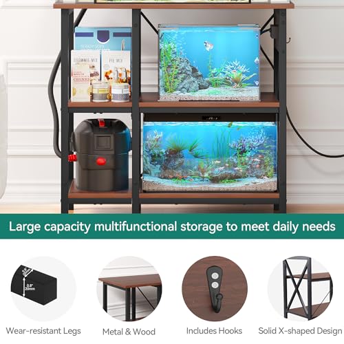 YITAHOME 10-29-37 Gallon Fish Tank Stand with Power Outlet, 30x16 Inch Metal Aquarium Stand with 3-Tier Adjustable Storage Shelves and Hooks, 450LBS Capacity, Rustic Brown YITAHOME