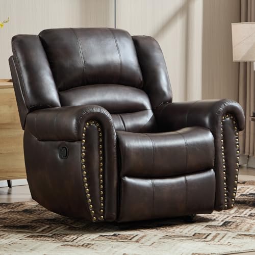 CANMOV Rocker Recliner Chair, Leather Recliner Chair with Overstuffed Backrest and Armrests, Manual Single Sofa for Living Room,Bedroom, Dark Brown