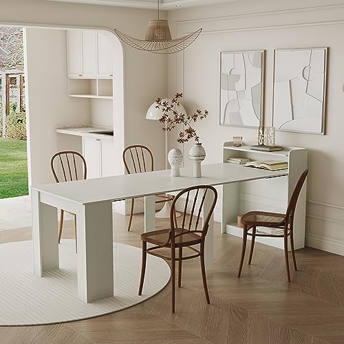 DMAITH 20"-99" White Extendable Dining Table with Storage for 2-10 People, Modern Modular Extension Table, Space-Saving Extra Long Folding Dining Table, Multifunctional Conference Meeting Table DMAITH