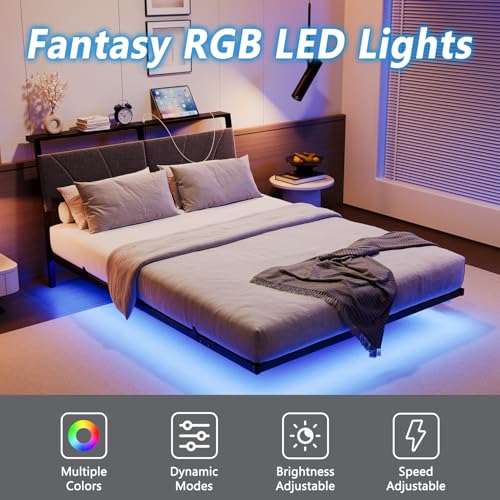 HOJINLINERO Floating Queen Bed Frame with Headboard&Storage Shelf,Ergonomic Queen Size Bed Frame with USB Charging& LED Lights,Platform Bed Frame Noise-Free Metal Slats | Modern Bedroom Design HOJINLINERO