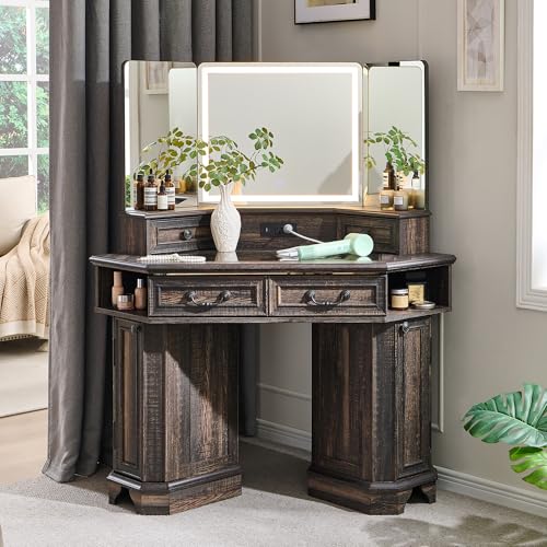 T4TREAM Makeup Vanity Desk 48" with 3 Way Mirror and Lights, Large Farmhouse Corner Vanity Dressing Table with Glass Top & Charging Station, 3 Drawers & 2 Storage Cabinets, Dark Rustic Oak T4TREAM