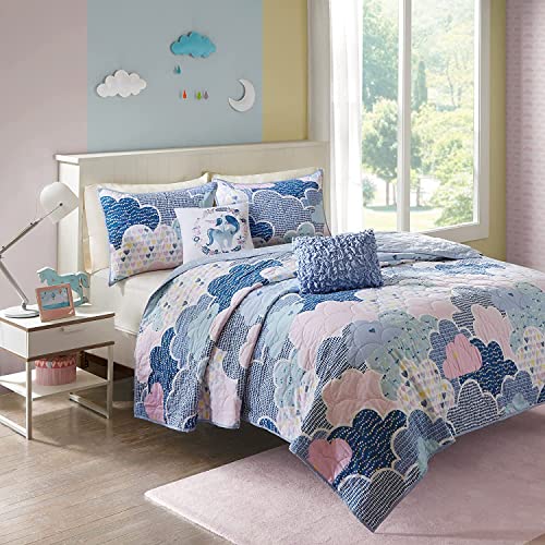 Intelligent Design Kids Reversible Cotton Quilt Set - Vibrant Fun, Playful Print, All Season Children Bedding Coverlet Bedspread, Decorative Pillow, Bedroom Décor, Twin, Cloud Blue 4 Piece Intelligent Design