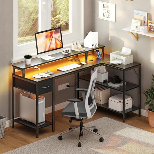 DUMOS 53” Gaming Desk with USB Charging Ports & LED Lights, Reversible L Shaped Desks Computer Corner Gamer Table with Power Outlets Monitor Stand Storage Shelves for Home Office Small Space, Black DUMOS