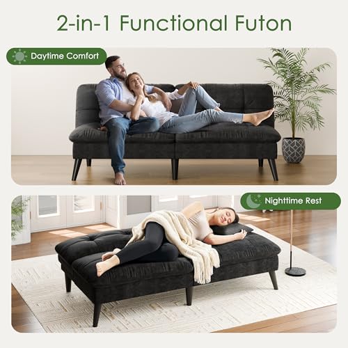 Shintenchi Convertible Futon Sofa Bed, Folding Velevt Set with Adjustable Backrest Recliner Lounge for Living Room, Apartment or Office, Solid Wood Frame, 3-Seater Sofa, Black Shintenchi