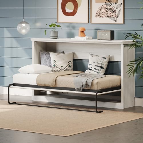 RuiSiSi LUMISOL Twin Size Murphy Bed, Hideaway Wall Bed Frame, Space Saving Folding Bed Frame for Guest Room, Home Office, Can be Folded into a Cabinet, Rustic White RuiSiSi