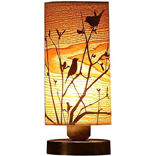 Bieye L10272 Birds in The Tree Wooden Style Table Lamp Night Light with Wood Lampshade Bronze Metal Base for Bedside Bedroom Living Room, Cylinder-Shaped (Bronze) Bieye
